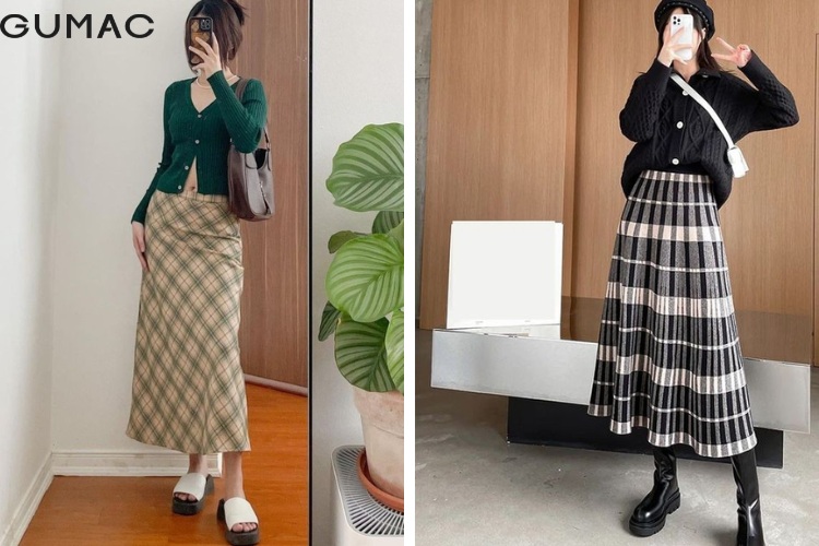 Áo cardigan dáng ngắn và chân váy gingham